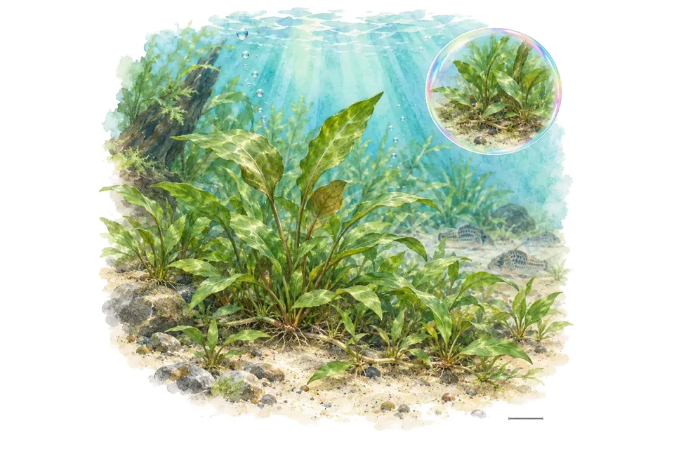 Aquarelle : Cryptocoryne de Willis (Cryptocoryne × willisii) dans une eau turquoise lumineuse, avec un détail dans une bulle.