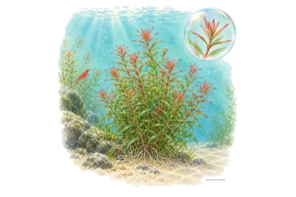 Aquarelle : Didiplis diandra (Didiplis diandra) dans une eau turquoise lumineuse, avec un détail dans une bulle.