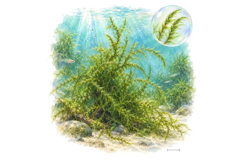 Aquarelle : Mousse à faucilles (Drepanocladus aduncus) dans une eau turquoise lumineuse, avec un détail dans une bulle.