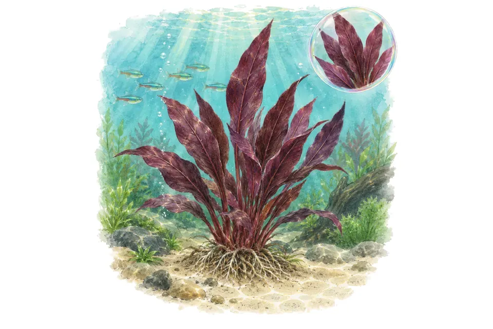 Aquarelle : Échinodorus aflame (Aquarius 'Aflame') dans une eau turquoise lumineuse, avec un détail dans une bulle.