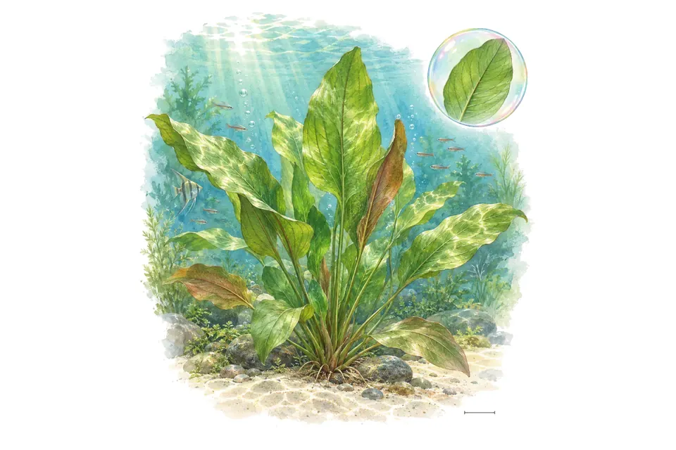 Aquarelle : Épée d’Amazonie (Aquarius grisebachii 'Amazonicus') dans une eau turquoise lumineuse, avec un détail dans une bulle.