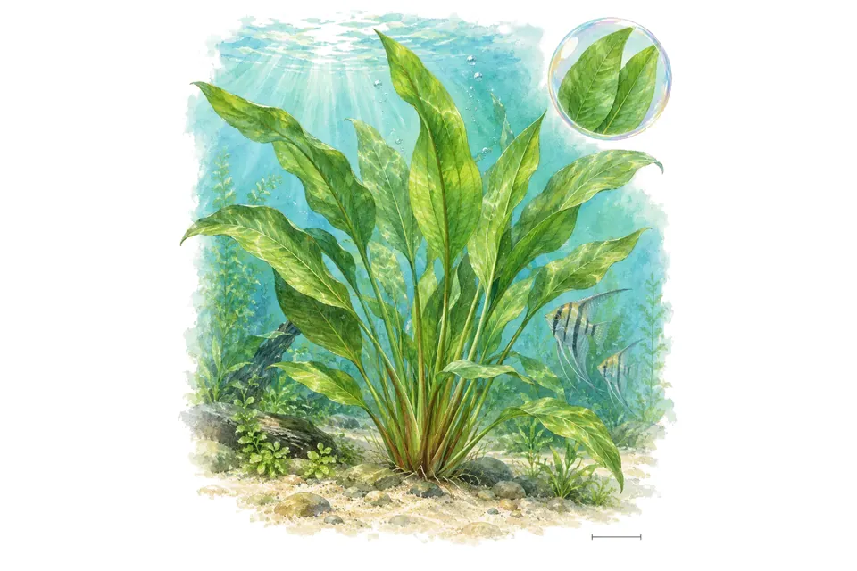 Aquarelle : Echinodorus bleherae (Echinodorus grisebachii 'Bleherae') dans une eau turquoise lumineuse, avec un détail dans une bulle.