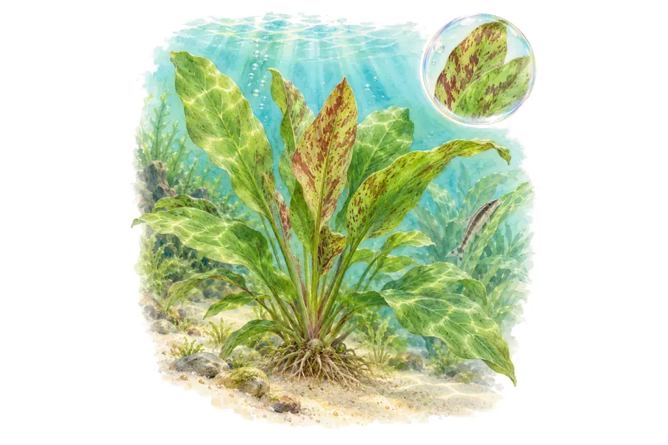 Aquarelle : Échinodore Green Flame (Echinodorus 'Green Flame') dans une eau turquoise lumineuse, avec un détail dans une bulle.
