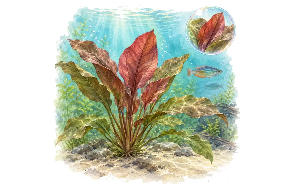 Aquarelle : Echinodorus Grand Ours (Aquarius 'Großer Bär') dans une eau turquoise lumineuse, avec un détail dans une bulle.