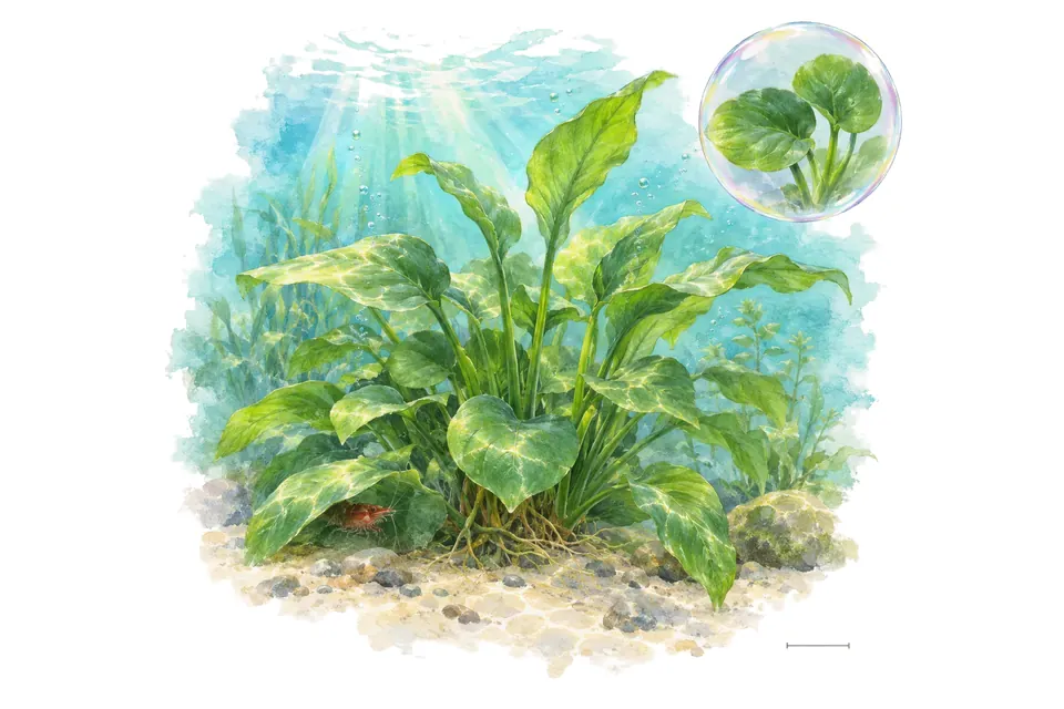Aquarelle : Échinodorus Harbich (Aquarius cordifolius 'Harbich') dans une eau turquoise lumineuse, avec un détail dans une bulle.