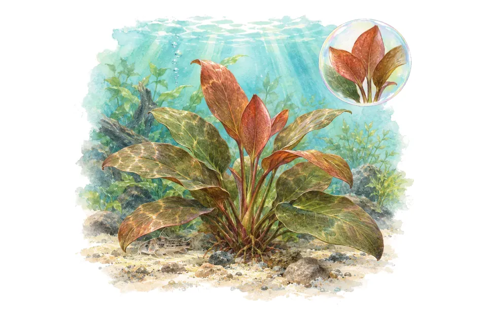 Aquarelle : Échinodorus petit ours (Aquarius 'Kleiner Bär') dans une eau turquoise lumineuse, avec un détail dans une bulle.