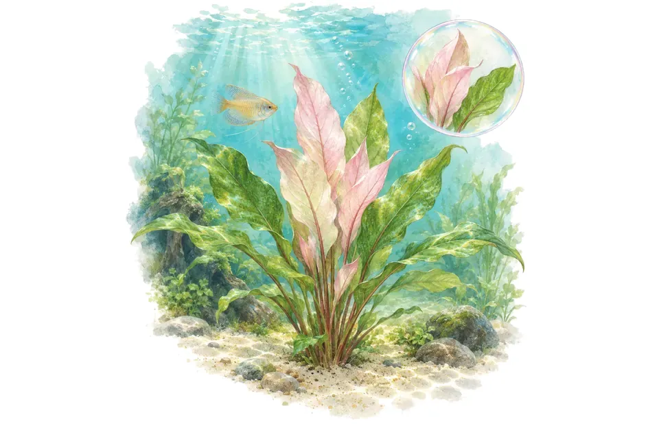 Aquarelle : Échinodorus oriental (Echinodorus 'Oriental') dans une eau turquoise lumineuse, avec un détail dans une bulle.