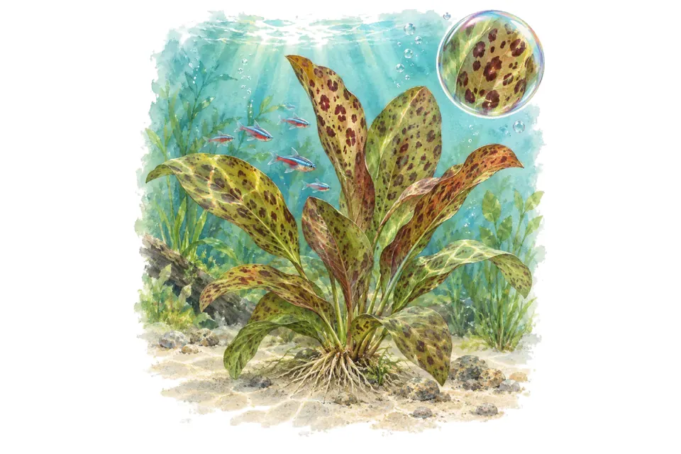Aquarelle : Echinodorus ozelot (Aquarius 'Ozelot') dans une eau turquoise lumineuse, avec un détail dans une bulle.