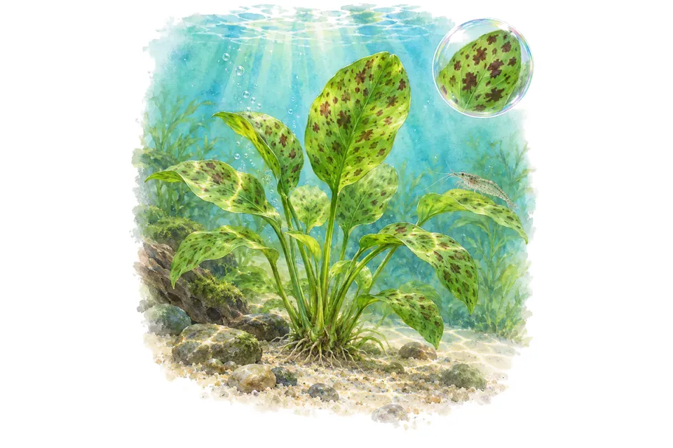 Aquarelle : Echinodorus Ozelot Green (Aquarius 'Ozelot Green') dans une eau turquoise lumineuse, avec un détail dans une bulle.