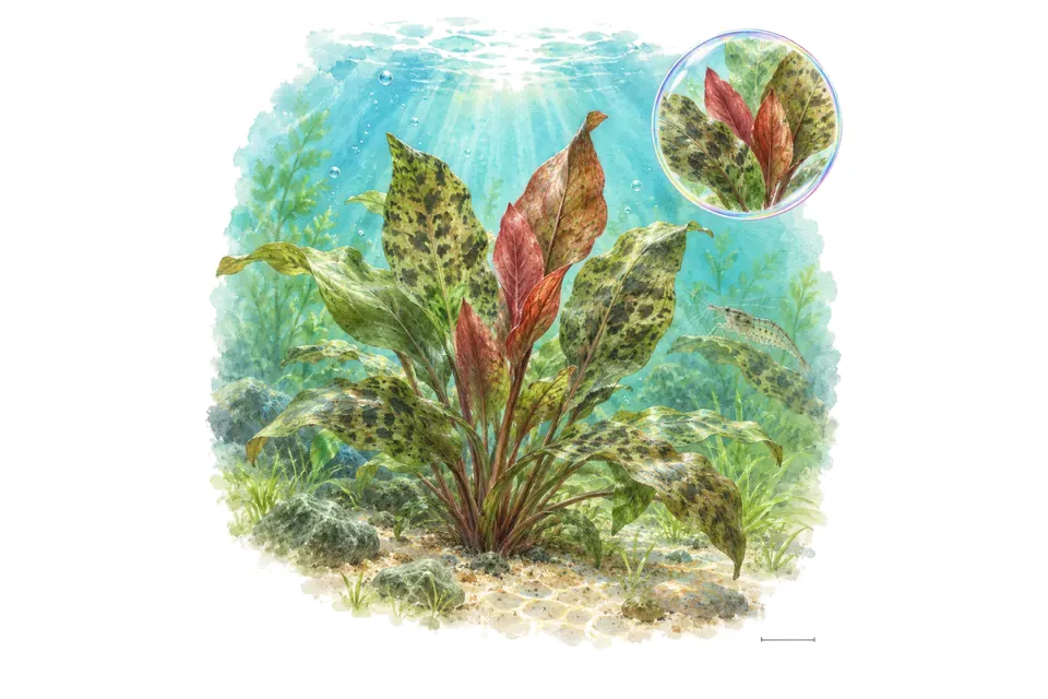 Aquarelle : Echinodorus Paul Kloecker (Echinodorus 'Paul Kloecker') dans une eau turquoise lumineuse, avec un détail dans une bulle.
