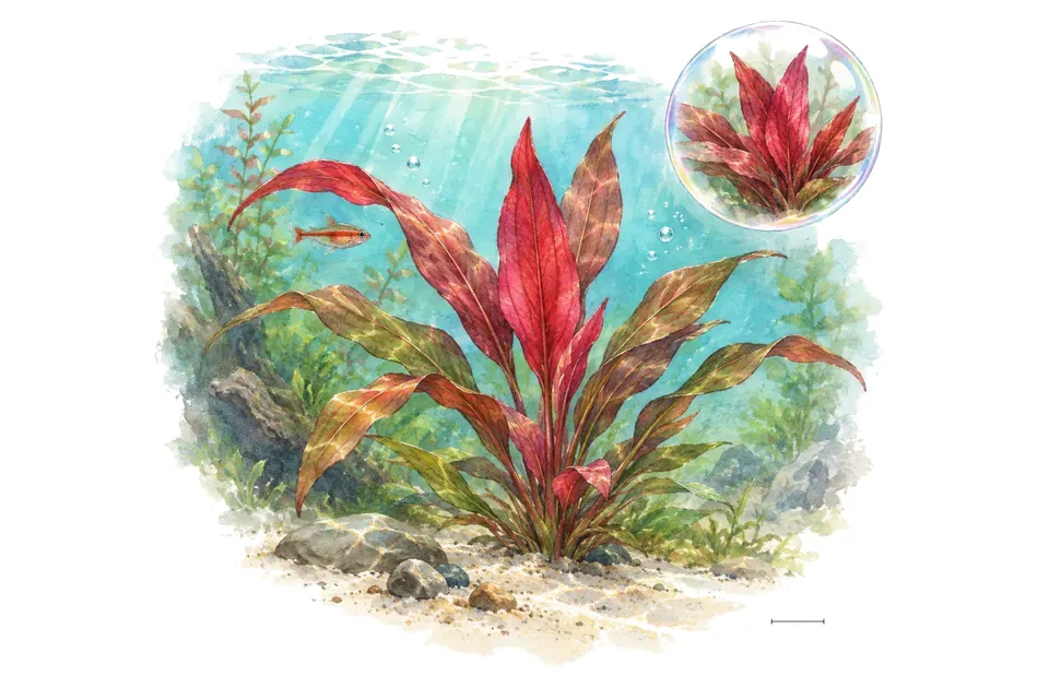 Aquarelle : Échinodore red diamond (Aquarius 'Red Diamond') dans une eau turquoise lumineuse, avec un détail dans une bulle.