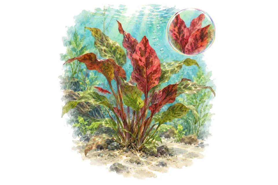 Aquarelle : Échinodorus red flame (Aquarius 'Red Flame') dans une eau turquoise lumineuse, avec un détail dans une bulle.