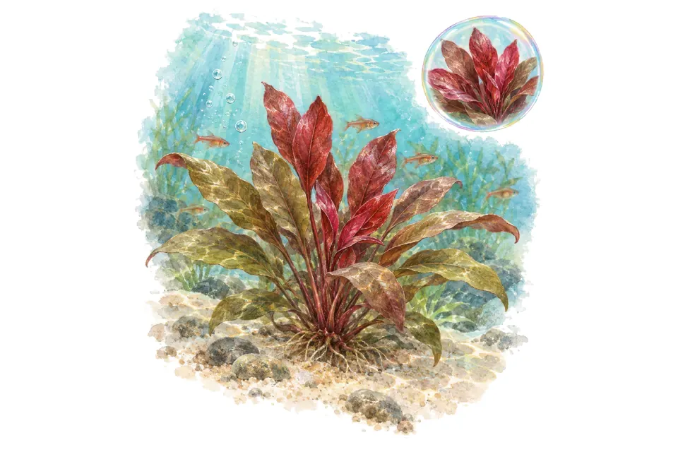 Aquarelle : Echinodorus reni (Aquarius 'Reni') dans une eau turquoise lumineuse, avec un détail dans une bulle.