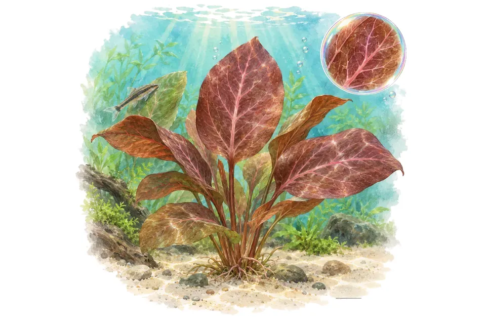 Aquarelle : Echinodorus Rosanervig (Identité botanique à confirmer) dans une eau turquoise lumineuse, avec un détail dans une bulle.