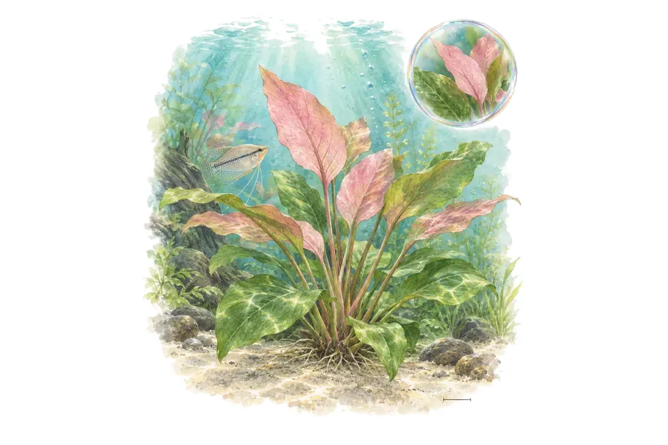 Aquarelle : Échinodorus rosé (Aquarius 'Rosé') dans une eau turquoise lumineuse, avec un détail dans une bulle.