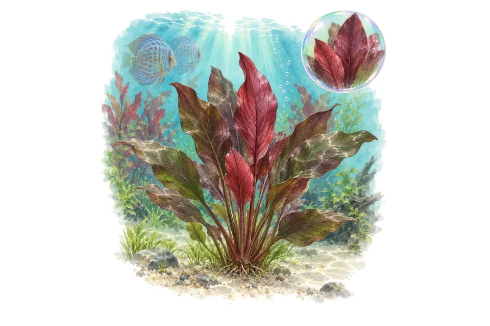 Aquarelle : Echinodorus Rubin (Echinodorus 'Rubin') dans une eau turquoise lumineuse, avec un détail dans une bulle.