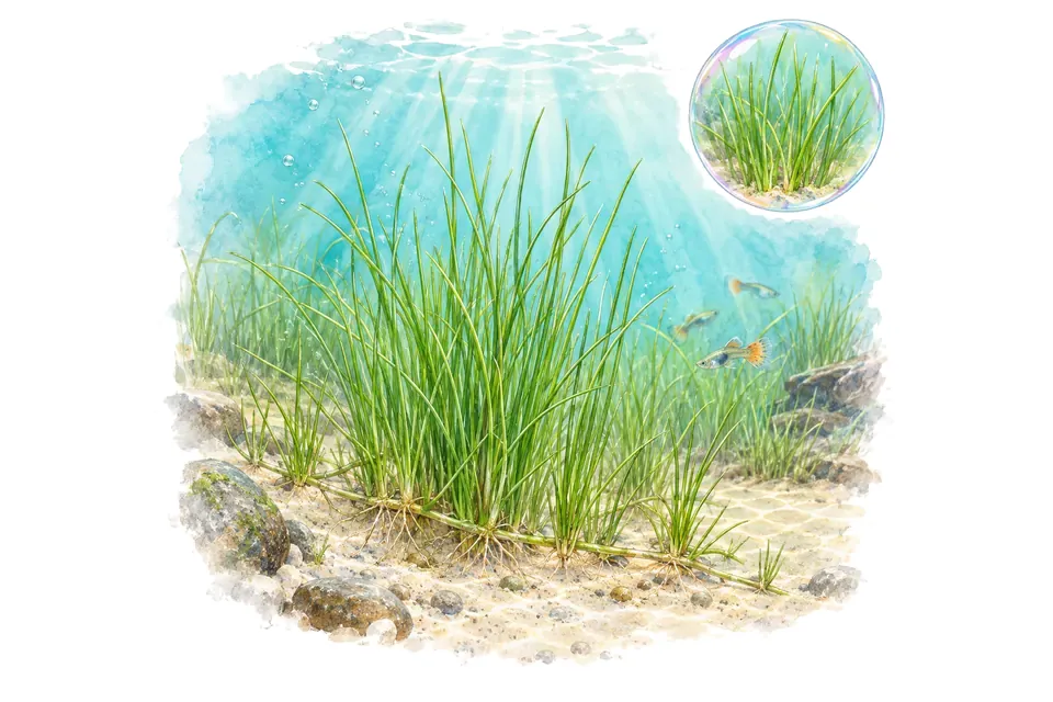 Aquarelle : Éléocharis aciculaire (Eleocharis acicularis) dans une eau turquoise lumineuse, avec un détail dans une bulle.