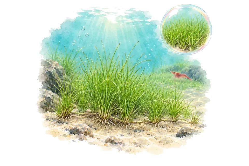Aquarelle : Eleocharis mini (Eleocharis acicularis 'Mini') dans une eau turquoise lumineuse, avec un détail dans une bulle.