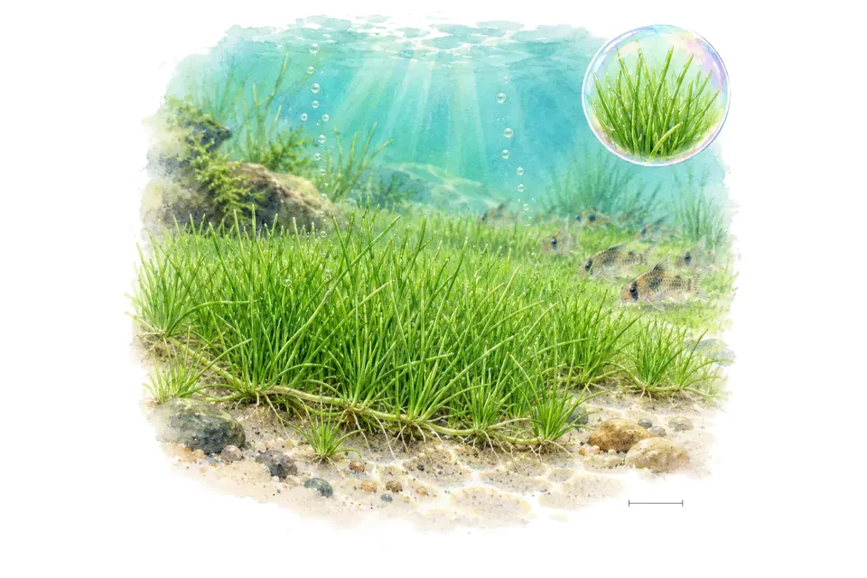Aquarelle : Eleocharis parvula (Eleocharis parvula) dans une eau turquoise lumineuse, avec un détail dans une bulle.