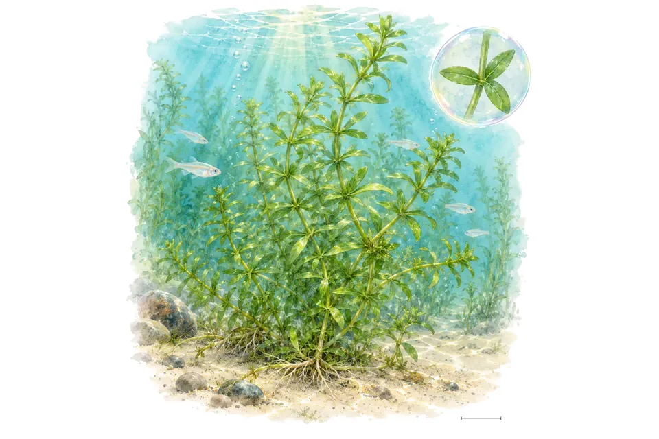 Aquarelle : Élodée du Canada (Elodea canadensis) dans une eau turquoise lumineuse, avec un détail dans une bulle.