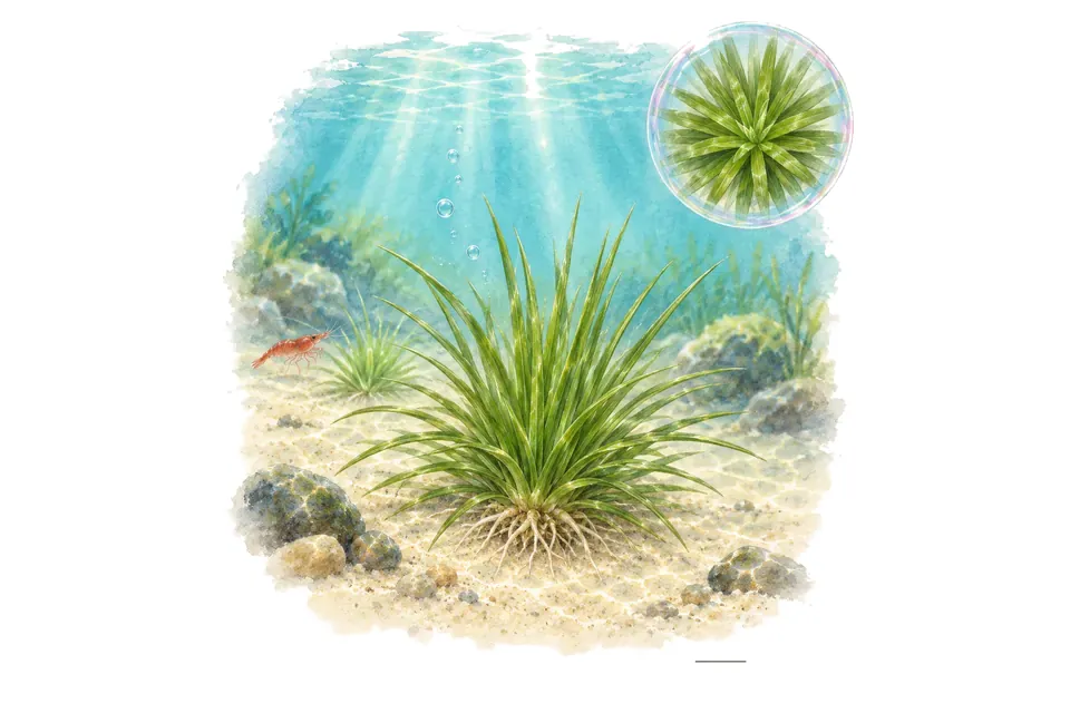 Aquarelle : Eriocaulon cinereum (Eriocaulon cinereum) dans une eau turquoise lumineuse, avec un détail dans une bulle.