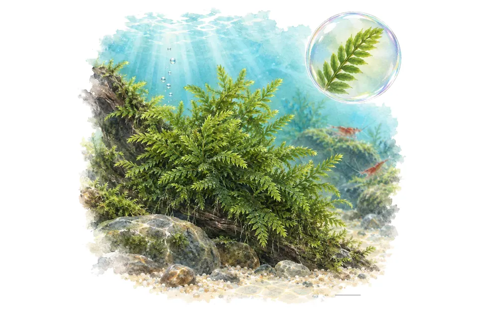 Aquarelle : Fissidens geppii (Fissidens geppii) dans une eau turquoise lumineuse, avec un détail dans une bulle.