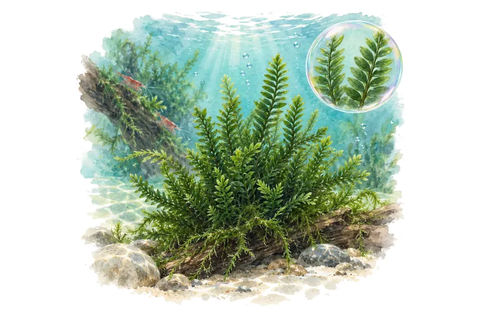 Aquarelle : Fissidens nobilis (Fissidens nobilis) dans une eau turquoise lumineuse, avec un détail dans une bulle.