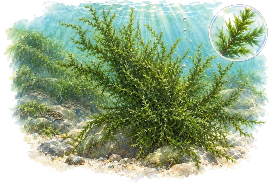 Aquarelle : Fontinale commune (Fontinalis antipyretica) dans une eau turquoise lumineuse, avec un détail dans une bulle.