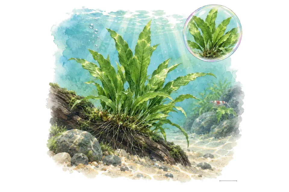 Aquarelle : Fougère de Java Green Gnome (Leptochilus pteropus 'Green Gnome') dans une eau turquoise lumineuse, avec un détail dans une bulle.