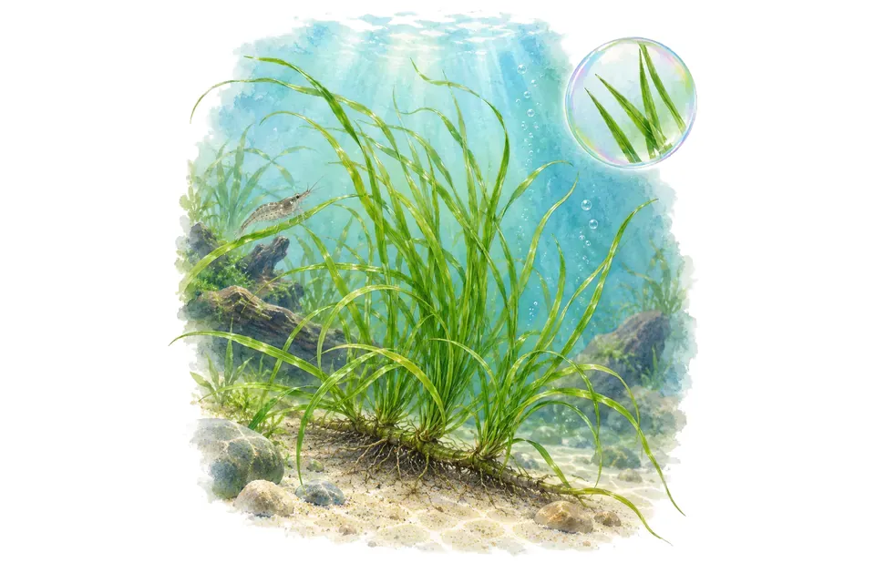 Aquarelle : Fougère de Java Needle Leaf (Leptochilus pteropus 'Needle Leaf') dans une eau turquoise lumineuse, avec un détail dans une bulle.