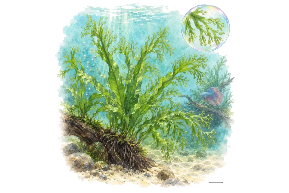 Aquarelle : Fougère de Java Windelov (Leptochilus pteropus 'Windelov') dans une eau turquoise lumineuse, avec un détail dans une bulle.