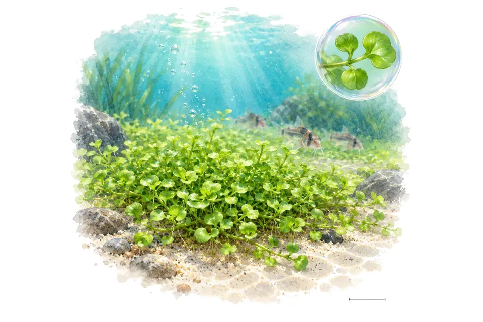 Aquarelle : Glossostigma (Glossostigma elatinoides) dans une eau turquoise lumineuse, avec un détail dans une bulle.