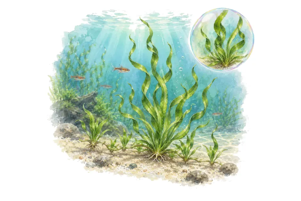 Aquarelle : Helanthium Vesuvius (Helanthium bolivianum 'Vesuvius') dans une eau turquoise lumineuse, avec un détail dans une bulle.