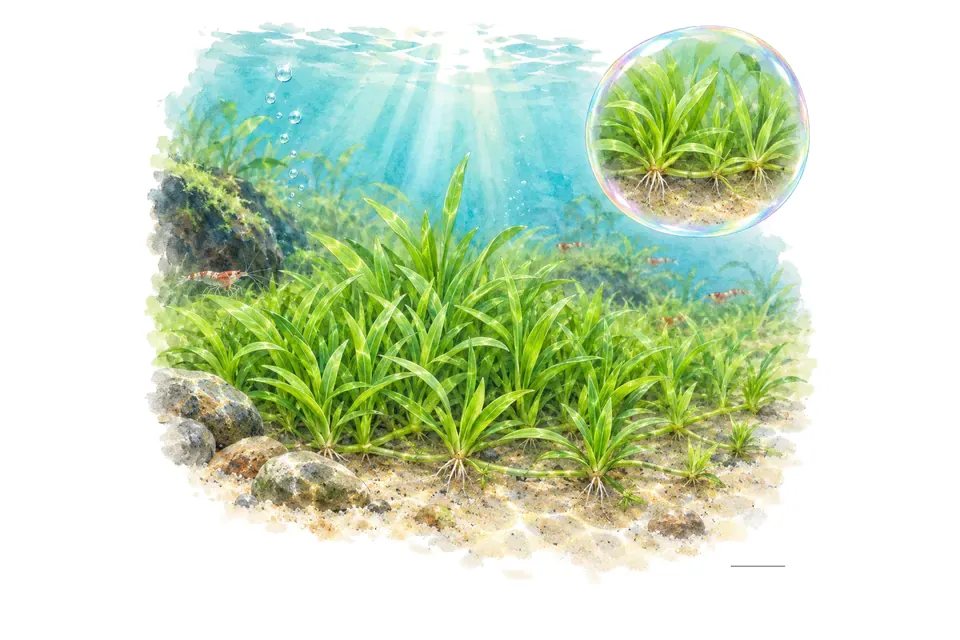 Aquarelle : Helanthium quadricostatus (Helanthium bolivianum 'Quadricostatus') dans une eau turquoise lumineuse, avec un détail dans une bulle.
