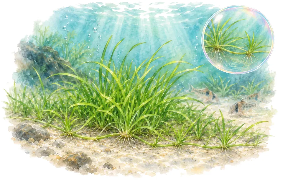 Aquarelle : Helanthium tenellum (Helanthium tenellum) dans une eau turquoise lumineuse, avec un détail dans une bulle.
