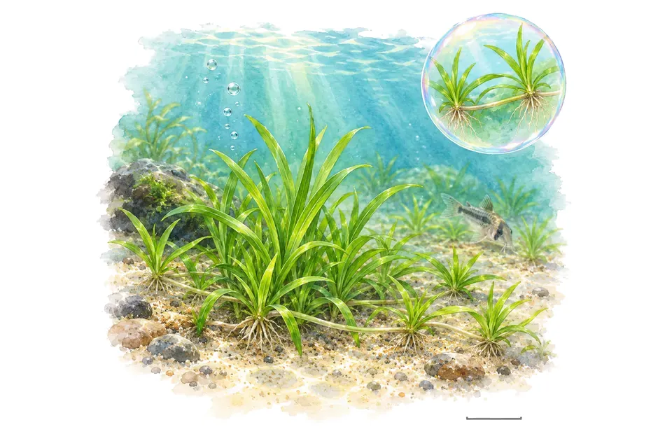 Aquarelle : Helanthium tenellum green (Helanthium tenellum 'Green') dans une eau turquoise lumineuse, avec un détail dans une bulle.