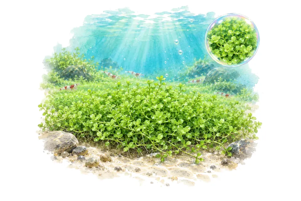 Aquarelle : Hemianthus callitrichoides Cuba (Micranthemum callitrichoides 'Cuba') dans une eau turquoise lumineuse, avec un détail dans une bulle.