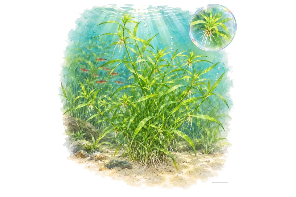 Aquarelle : Hétéranthère à feuilles étroites (Heteranthera zosterifolia) dans une eau turquoise lumineuse, avec un détail dans une bulle.