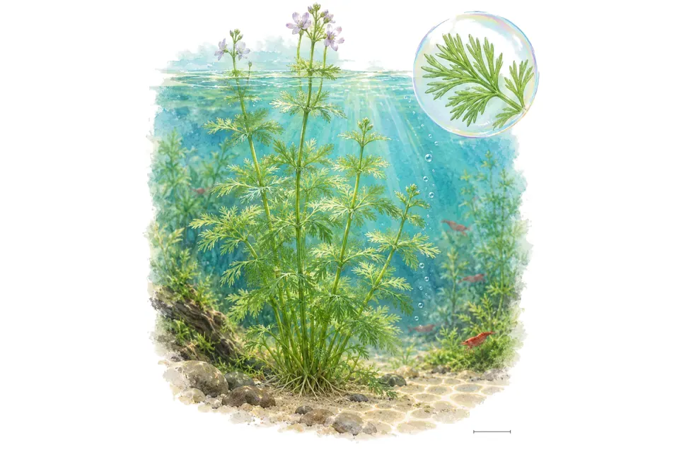 Aquarelle : Hottonie des marais (Hottonia palustris) dans une eau turquoise lumineuse, avec un détail dans une bulle.