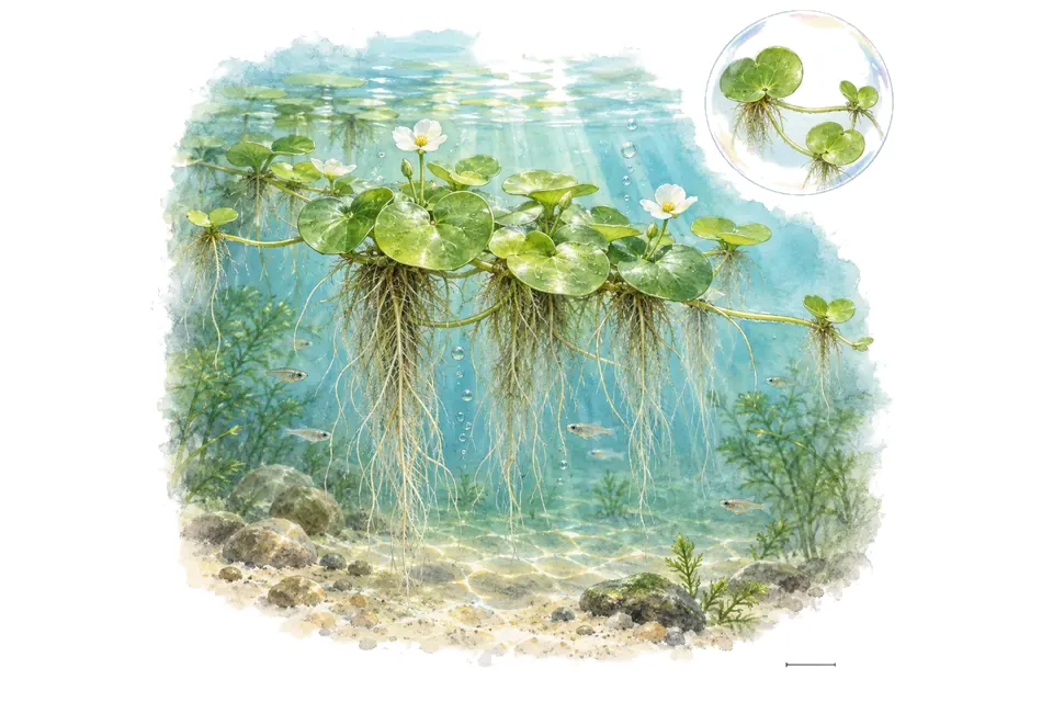 Aquarelle : Petit nénuphar (Hydrocharis morsus-ranae) dans une eau turquoise lumineuse, avec un détail dans une bulle.