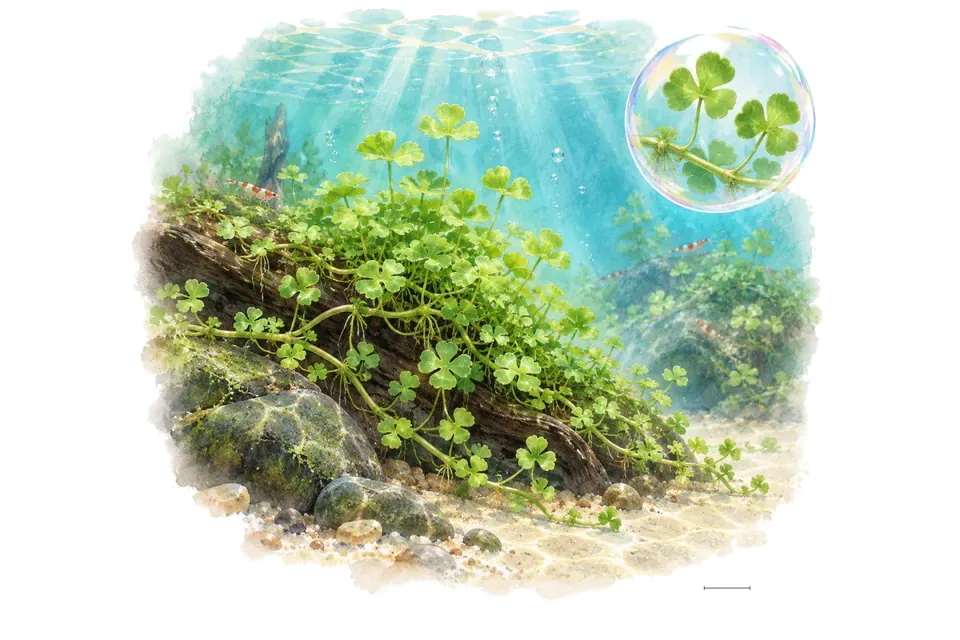 Aquarelle : Hydrocotyle tripartita (Hydrocotyle tripartita) dans une eau turquoise lumineuse, avec un détail dans une bulle.