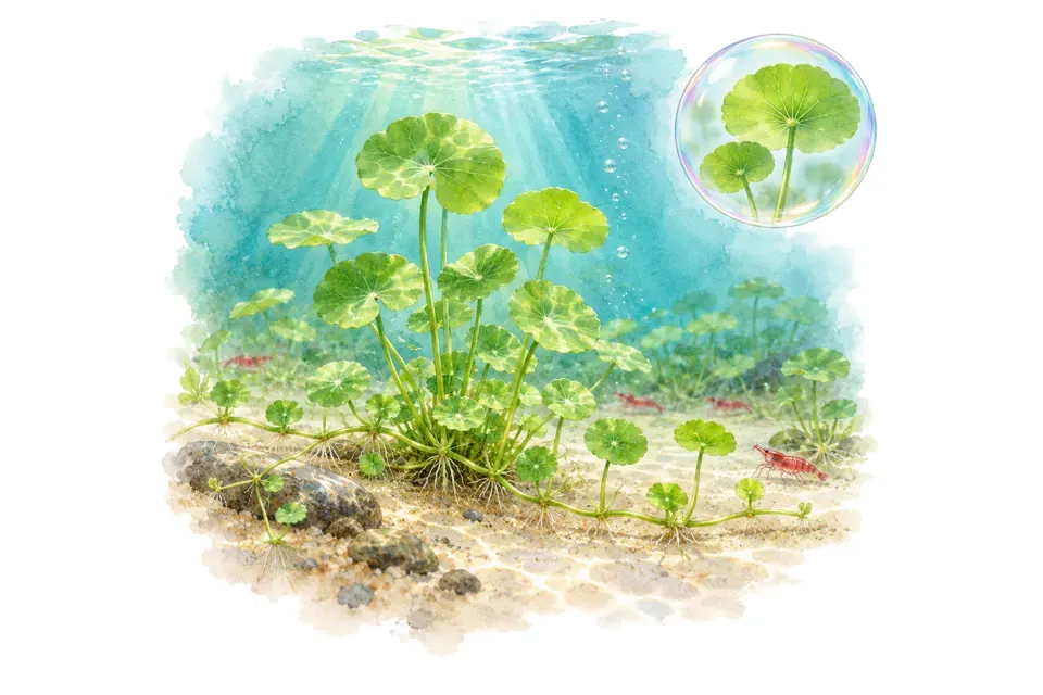 Aquarelle : Hydrocotyle verticillée (Hydrocotyle verticillata) dans une eau turquoise lumineuse, avec un détail dans une bulle.
