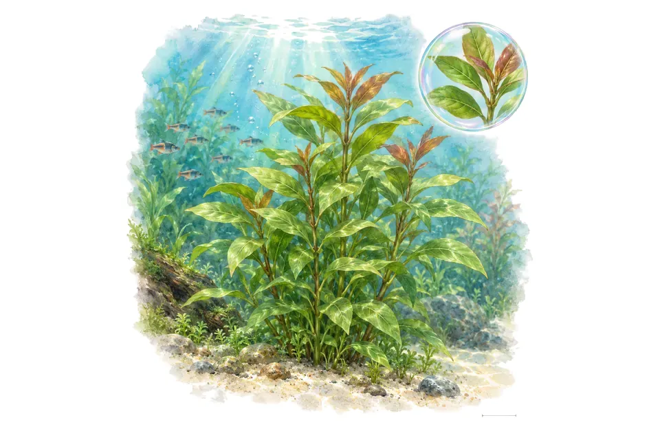 Aquarelle : Hygrophila corymbosa (Hygrophila corymbosa) dans une eau turquoise lumineuse, avec un détail dans une bulle.