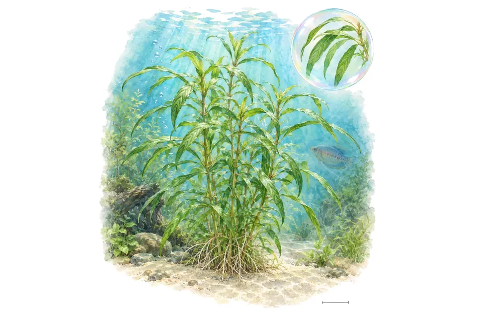 Aquarelle : Hygrophile à feuilles étroites (Hygrophila corymbosa 'Angustifolia') dans une eau turquoise lumineuse, avec un détail dans une bulle.