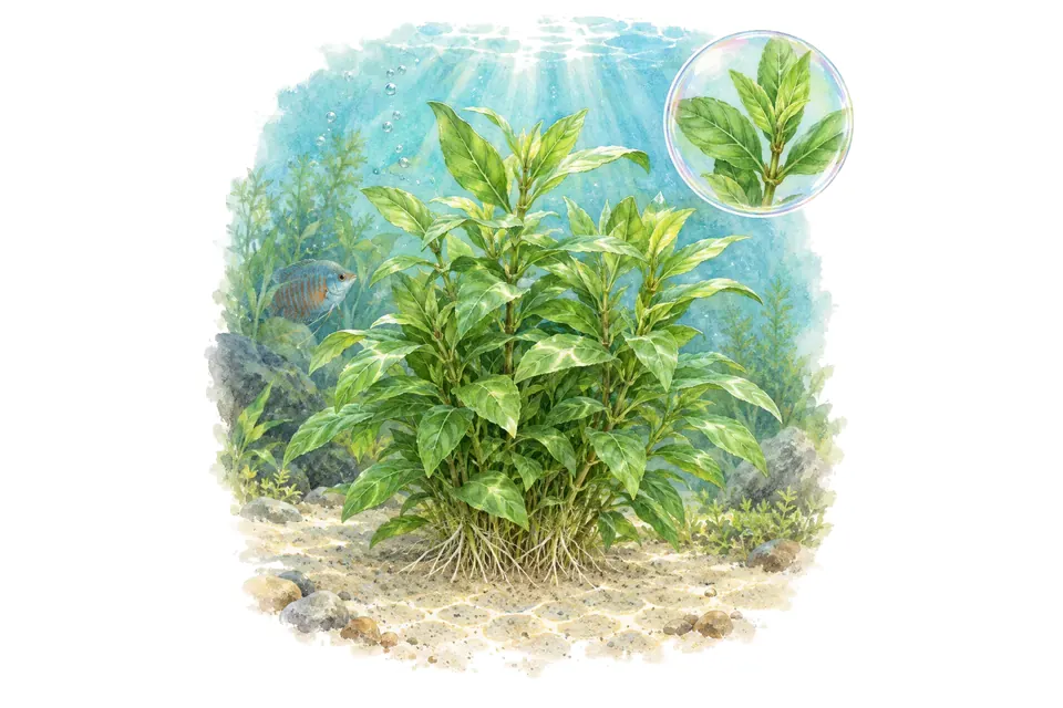Aquarelle : Hygrophila corymbosa Compact (Hygrophila corymbosa 'Compact') dans une eau turquoise lumineuse, avec un détail dans une bulle.
