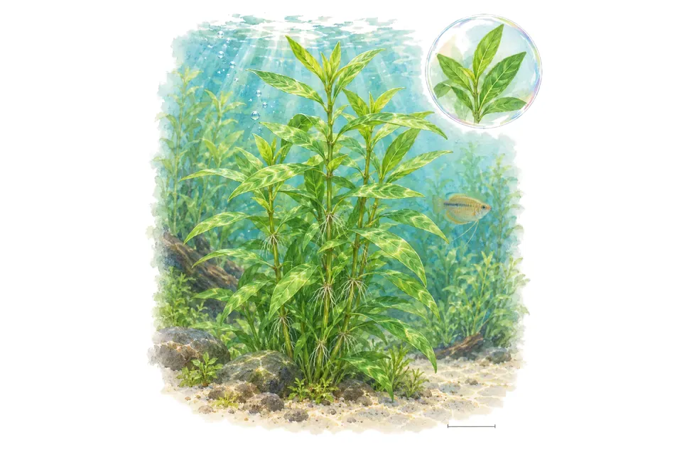 Aquarelle : Hygrophile Siamensis (Hygrophila corymbosa 'Siamensis') dans une eau turquoise lumineuse, avec un détail dans une bulle.