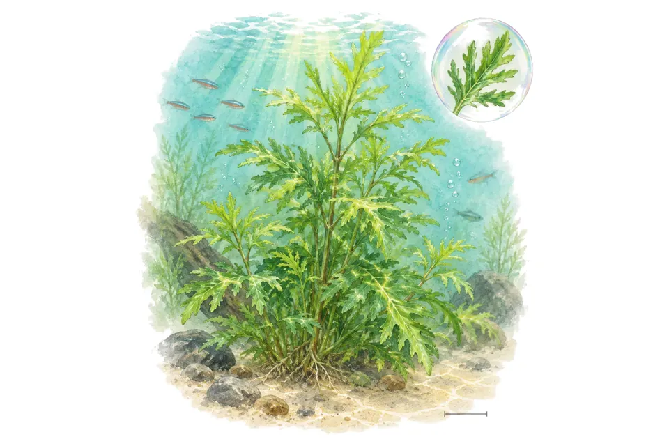 Aquarelle : Hygrophile difforme (Hygrophila difformis) dans une eau turquoise lumineuse, avec un détail dans une bulle.