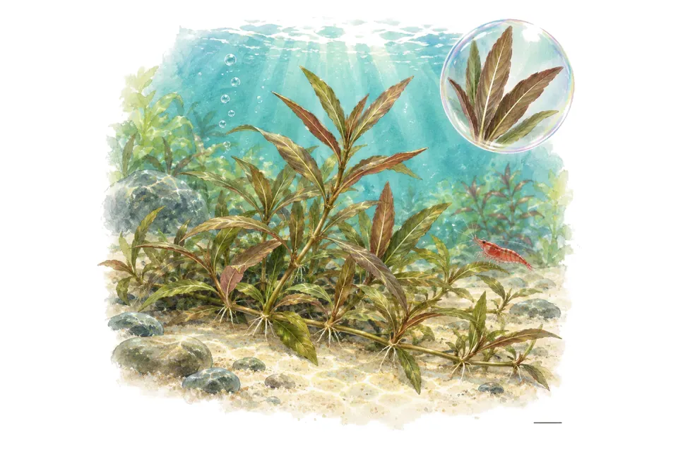 Aquarelle : Hygrophila Araguaia (Hygrophila ringens 'Araguaia') dans une eau turquoise lumineuse, avec un détail dans une bulle.