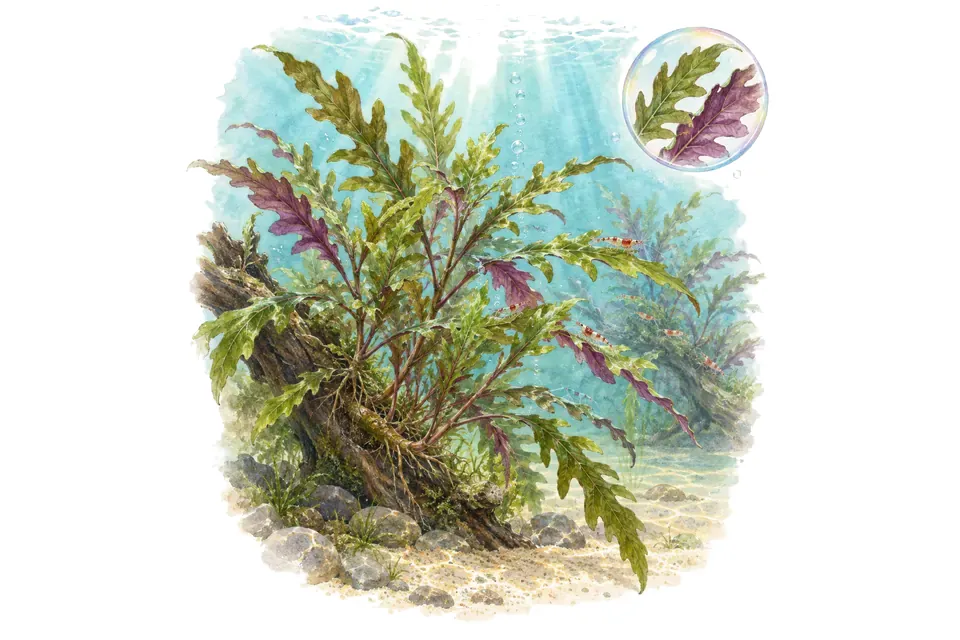 Aquarelle : Hygrophila pinnatifida (Hygrophila pinnatifida) dans une eau turquoise lumineuse, avec un détail dans une bulle.