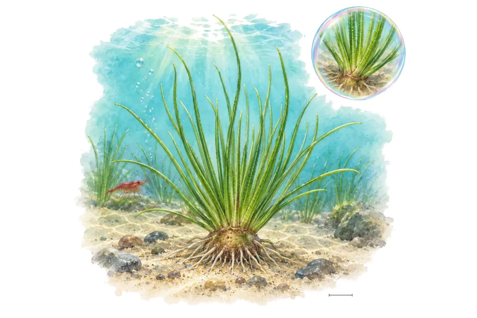Aquarelle : Isoète voilée (Isoetes longissima) dans une eau turquoise lumineuse, avec un détail dans une bulle.